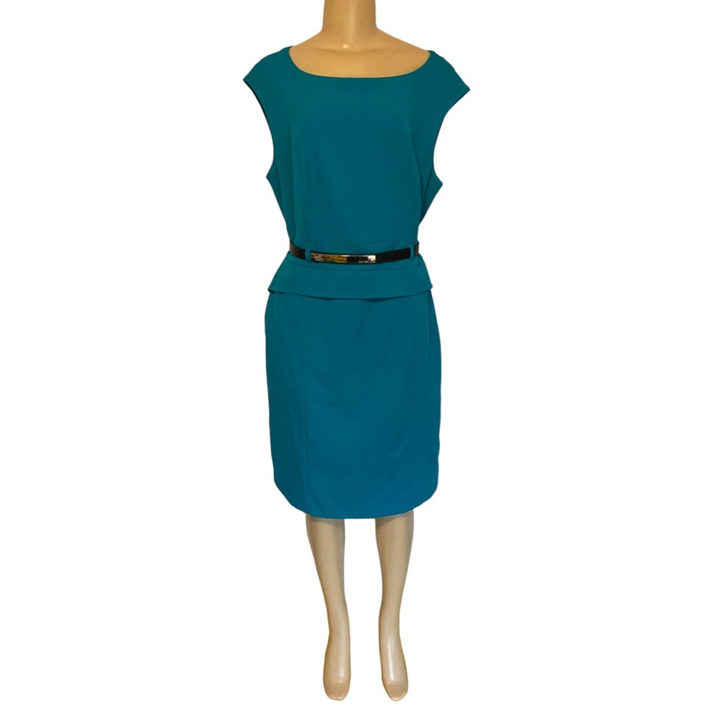 Calvin Klein Fitted Sleeveless Split Back Peplum Belted Teal Blue Work Dress